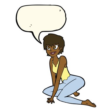 çizgi film mutlu kadın konuşma baloncuğu ile yerde oturuyor