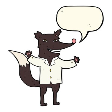 Mutlu Kurt çizgi filmi konuşma balonlu gömlek giyiyor.