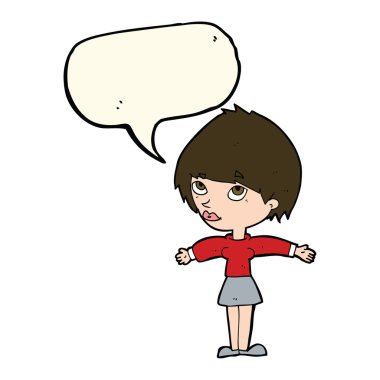 Konuşma balonuyla kollarını açmış çizgi film kadını.