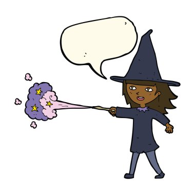 Çizgi film cadısı kız konuşma balonuyla büyü yapıyor.