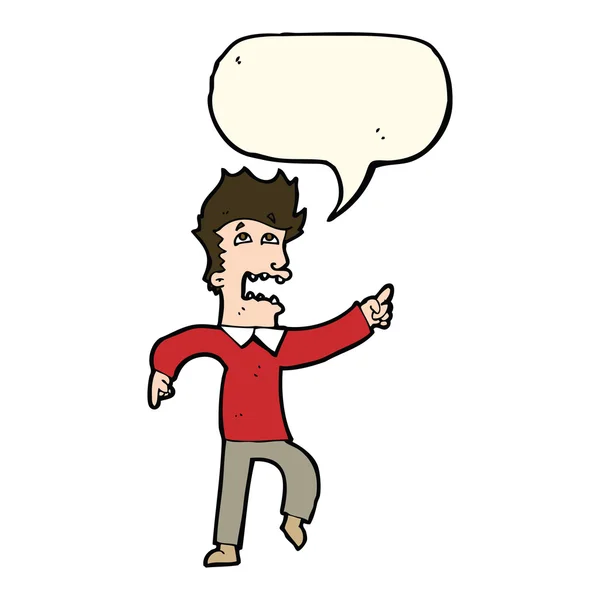 Мультфильм испуганный человек указывая с пузырьком речи — стоковый вектор