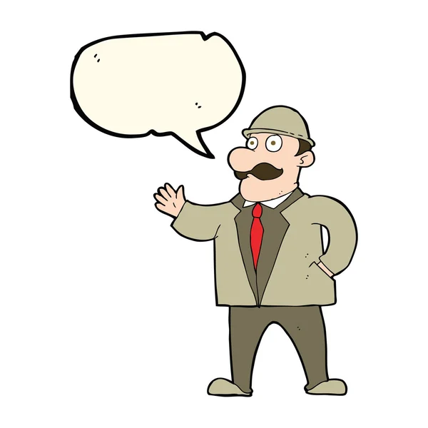 Homme d'affaires sensible dessin animé dans chapeau melon avec bulle de parole — Image vectorielle
