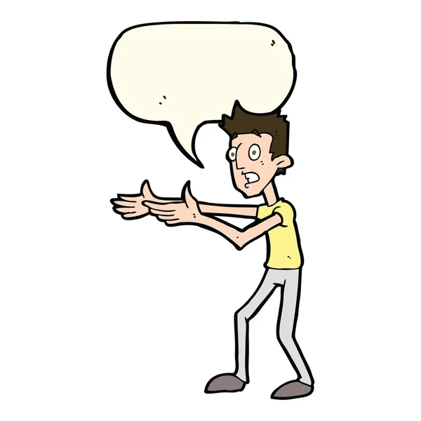 Homem dos desenhos animados desesperadamente explicando com bolha de fala —  Vetores de Stock