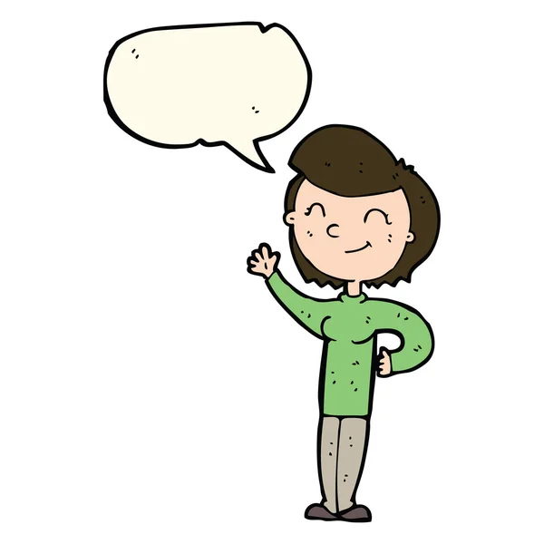 Cartoon friendly waving woman with speech bubble — Stock Vector
