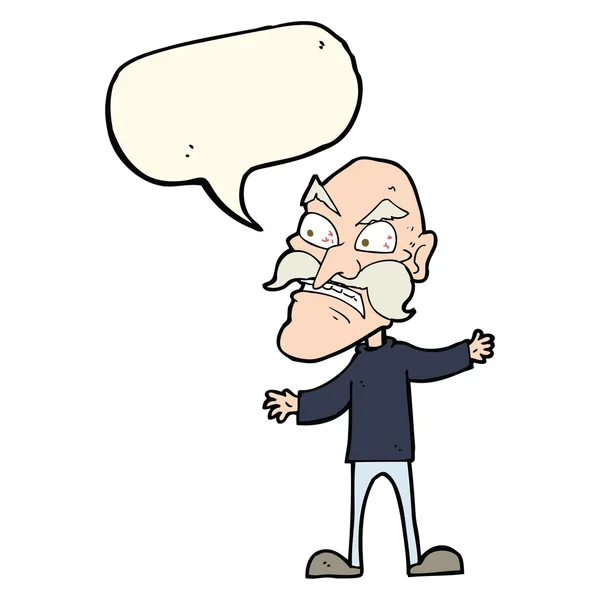 Cartoon boos oude man met spraakzeepbel — Stockvector