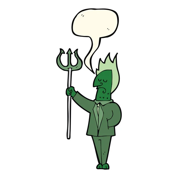 Kartun setan dengan garpu rumput dengan gelembung bicara - Stok Vektor