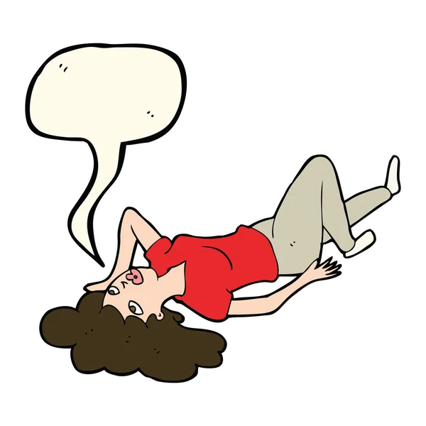 Cartoon kvinna liggande på golvet med pratbubblan — Stock vektor
