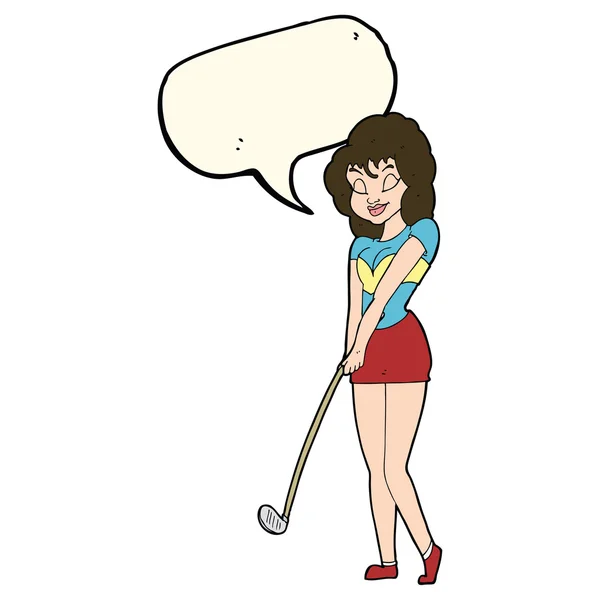 Γελοιογραφία γυναίκα παίζει γκολφ με το συννεφάκι λόγου — Διανυσματικό Αρχείο