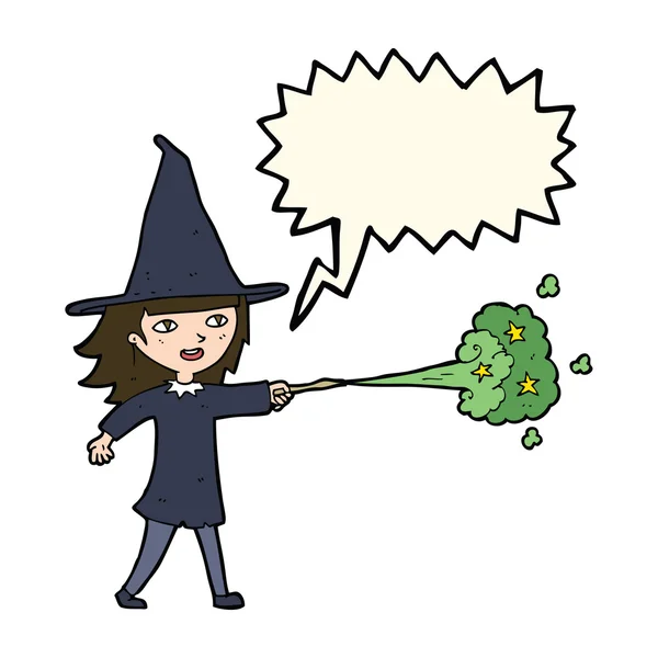 Cartoon witch girl casting spell with speech bubble — Stock Vector