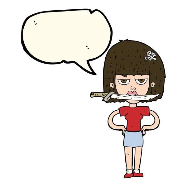 Mujer de dibujos animados con cuchillo entre dientes con burbuja del habla — Vector de stock
