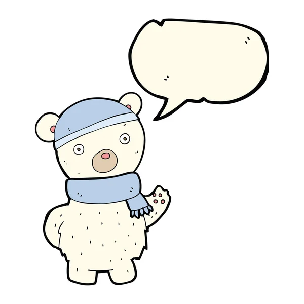 Cartoon isbjörn i vinter mössa och halsduk med pratbubblan — Stock vektor