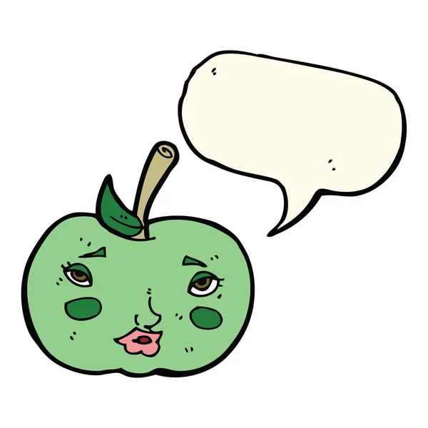 Manzana de dibujos animados con la cara con burbuja del habla — Vector de stock