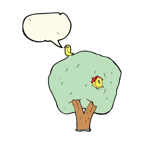 Árvore dos desenhos animados com birdhouse com bolha de fala — Vetor de Stock