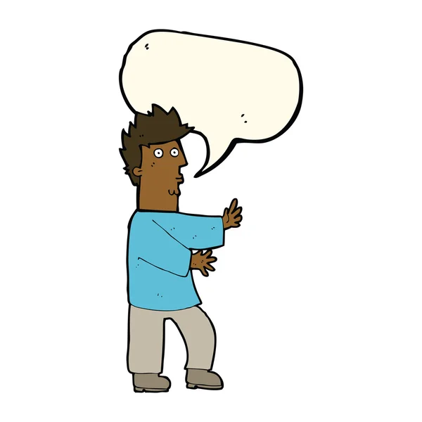 Cartoon nervous man waving with speech bubble — Stock Vector