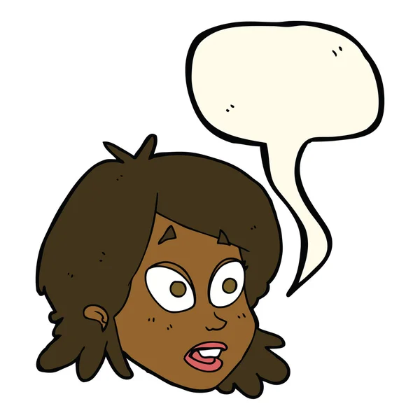Cartoon weibliches Gesicht mit überraschtem Gesichtsausdruck mit Sprechblase — Stockvektor