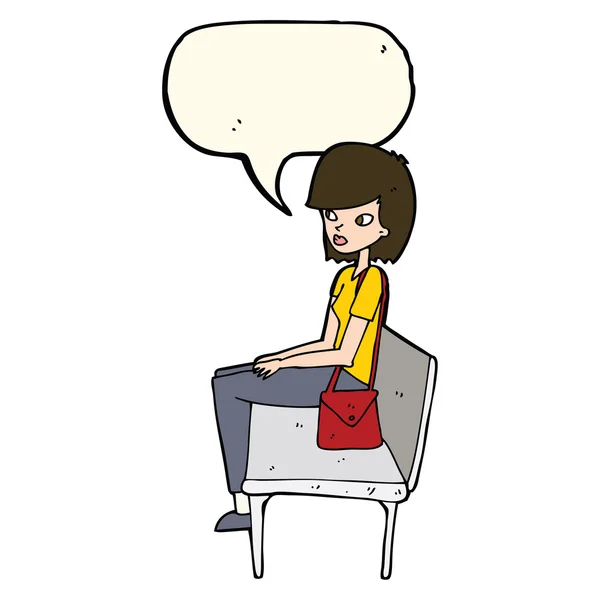 Γελοιογραφία γυναίκα κάθεται στον πάγκο με φούσκα ομιλία — Διανυσματικό Αρχείο