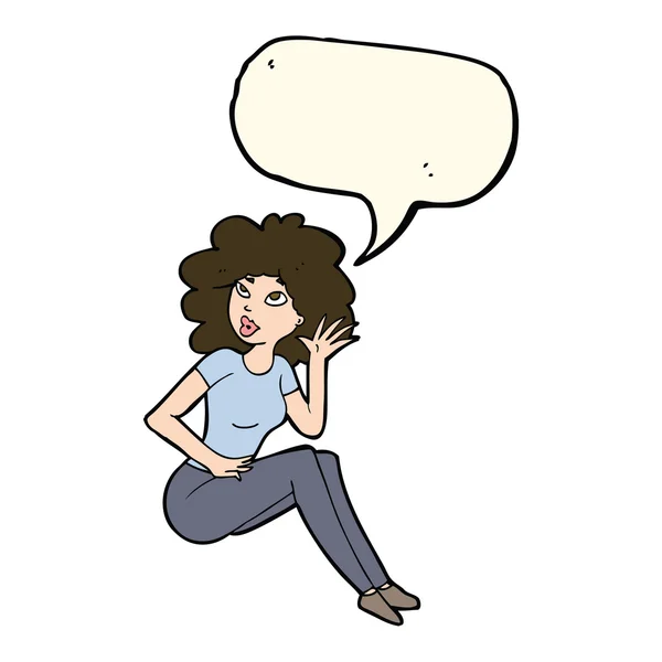 Γελοιογραφία γυναίκα ακούει με το συννεφάκι λόγου — Διανυσματικό Αρχείο