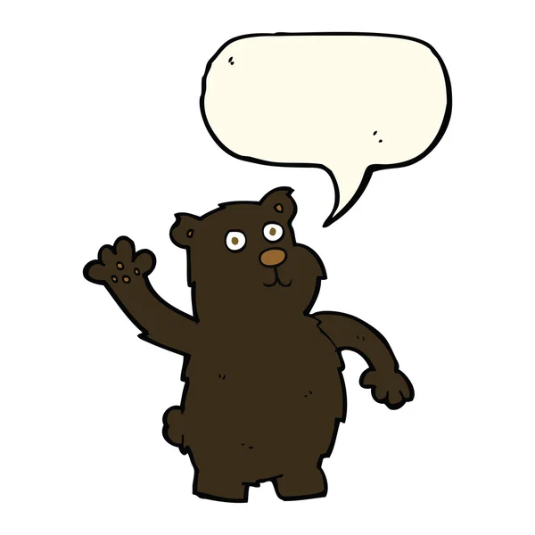 Cartoon waving black bear with speech bubble — Stock Vector