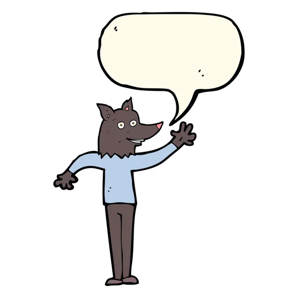 Cartoon waving wolf man with speech bubble — Stock Vector
