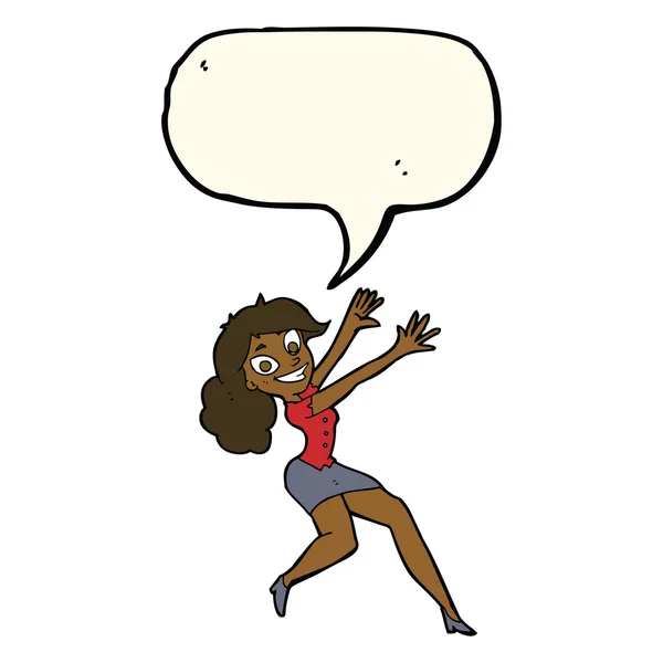 Cartoon glückliche Frau springt mit Sprechblase — Stockvektor