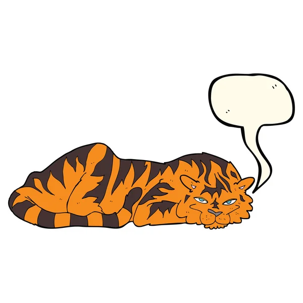 Dibujos animados tigre descansando con burbuja de habla — Vector de stock
