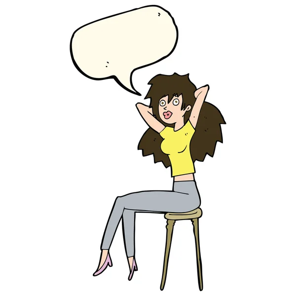 Cartoon vrouw die zich voordeed op de kruk met tekstballon — Stockvector