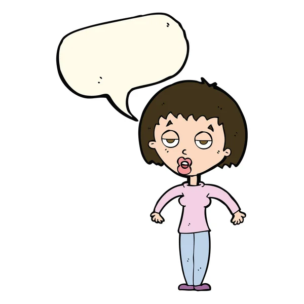 Cartoon vrouw shrugging schouders met spraak zeepbel — Stockvector