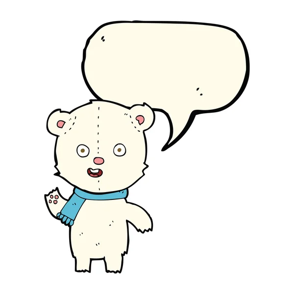 Cartoon waving polar bear cub with scarf with speech bubble — Stock Vector