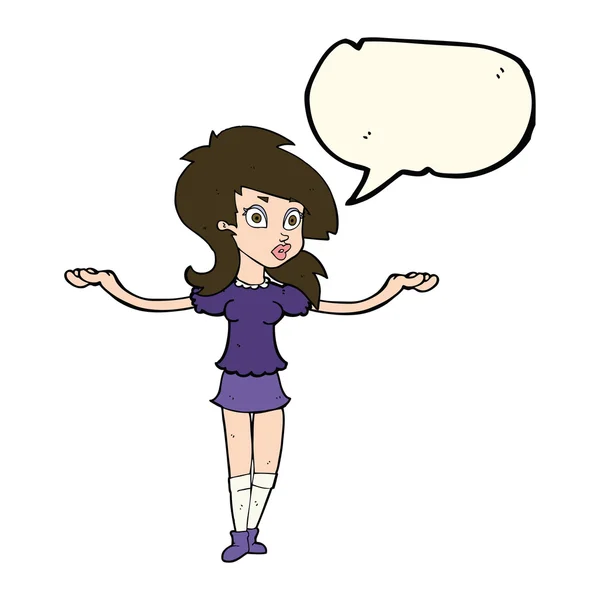 Cartoon verward mooi meisje met spraak zeepbel — Stockvector