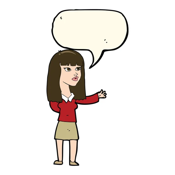 Mujer de dibujos animados gesto para mostrar algo con la burbuja del habla — Vector de stock