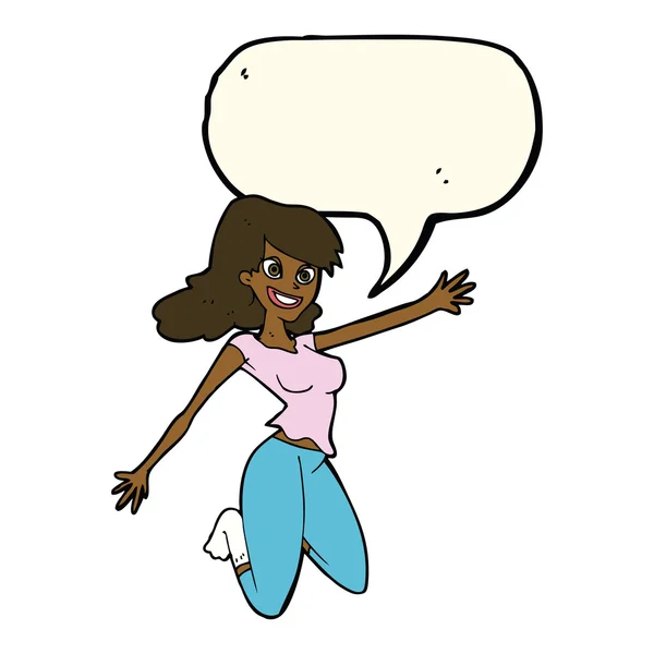 Cartoon springende Frau mit Sprechblase — Stockvektor