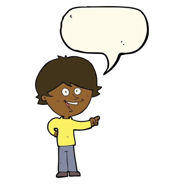 Καρτούν αγόρι γέλιο και δείχνοντας με φούσκα ομιλία — Διανυσματικό Αρχείο