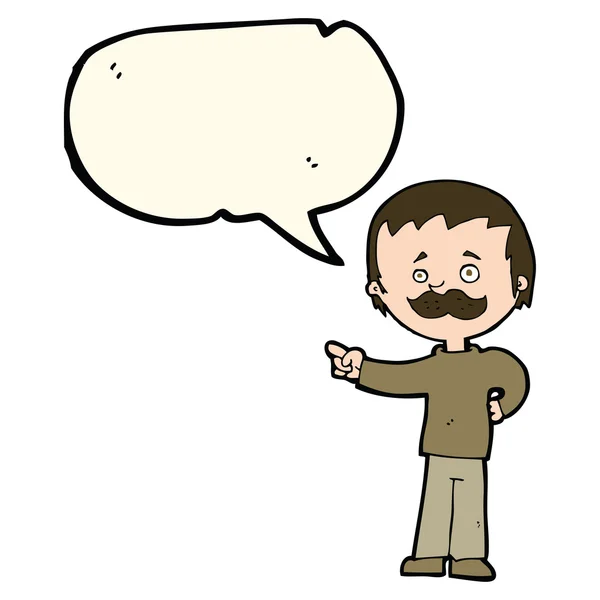 Hombre de dibujos animados con bigote apuntando con la burbuja del habla — Vector de stock