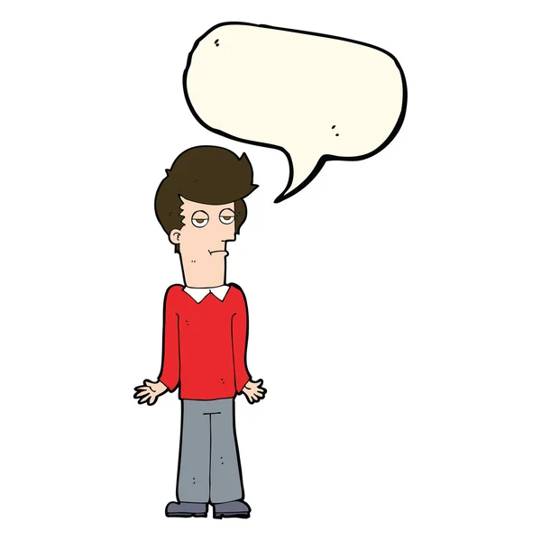 Cartoon bored man shrugging shoulders with speech bubble — Stock Vector