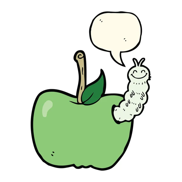 Pomme de dessin animé avec bug avec bulle de parole — Image vectorielle