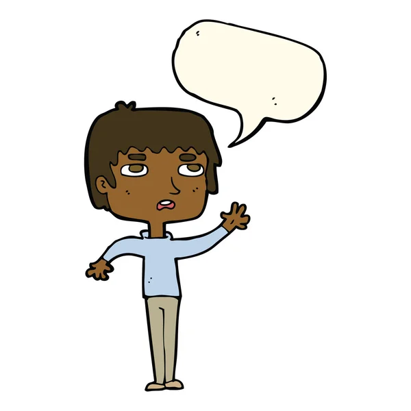 Dibujos animados infeliz chico ondeando con el habla burbuja — Vector de stock