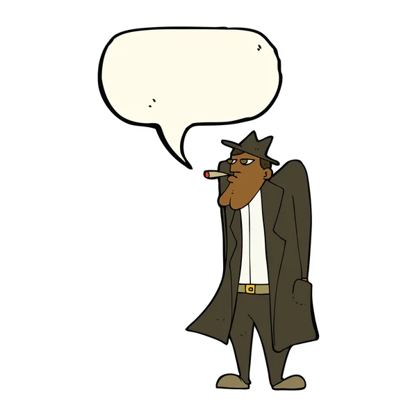 Dessin animé homme en chapeau et trench coat avec bulle de parole — Image vectorielle