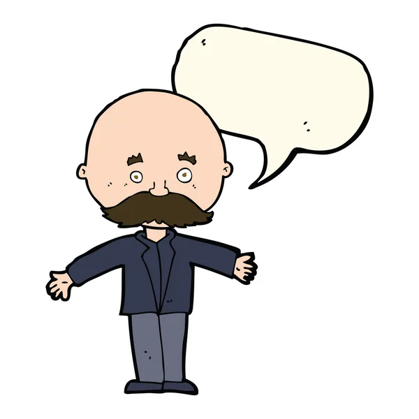 Καρτούν φαλακρός άνθρωπος με ανοιχτές αγκάλες με φούσκα ομιλία — Διανυσματικό Αρχείο