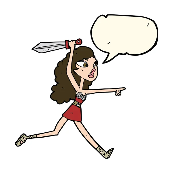 Karikatur Wikinger Mädchen mit Schwert mit Sprechblase — Stockvektor