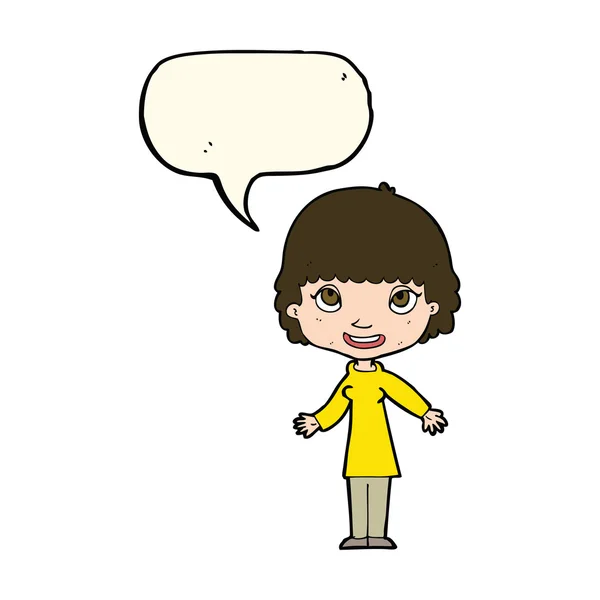 Desenho animado mulher feliz com bolha de fala — Vetor de Stock