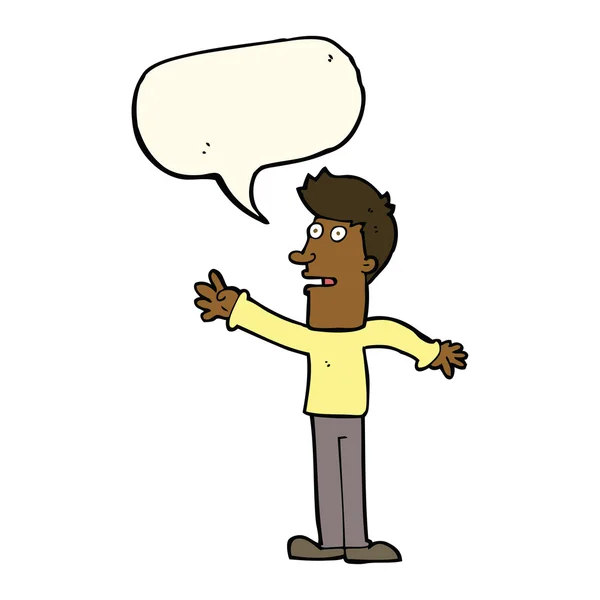 Hombre de dibujos animados alcanzando con la burbuja del habla — Vector de stock