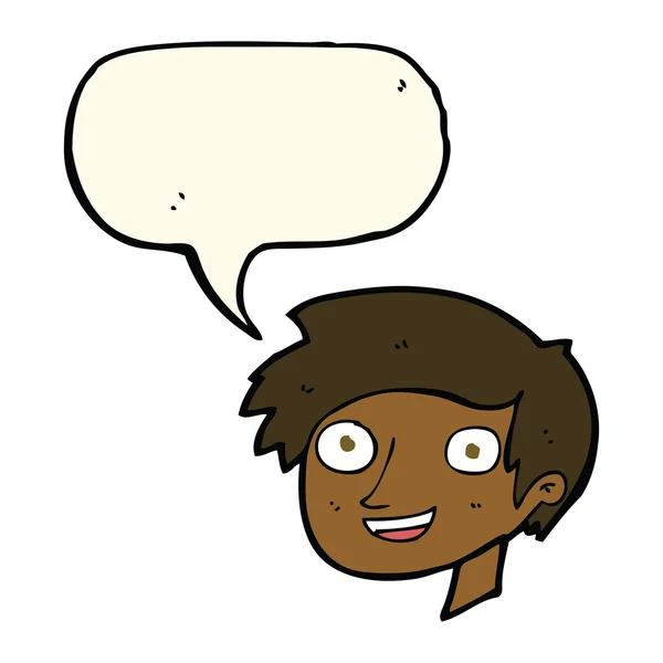 Καρτούν χαρούμενο πρόσωπο αγόρι με φούσκα ομιλία — Διανυσματικό Αρχείο