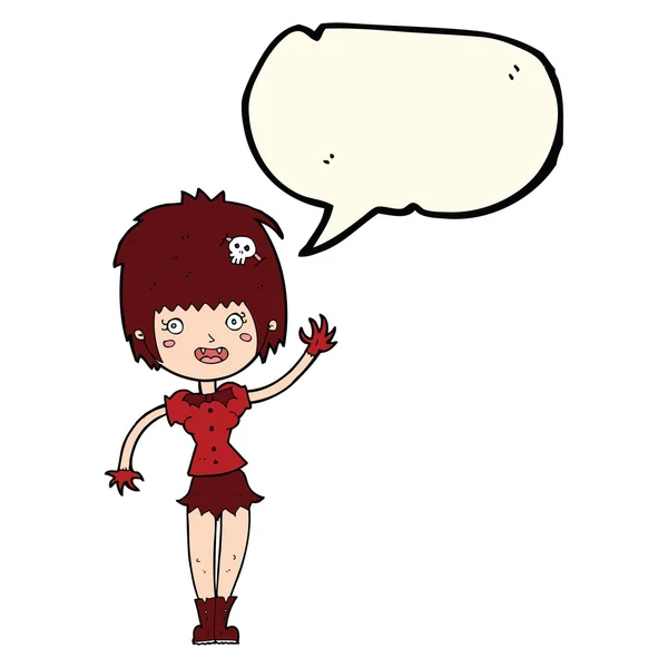 Cartoon waving vampire girl with speech bubble — Stock Vector