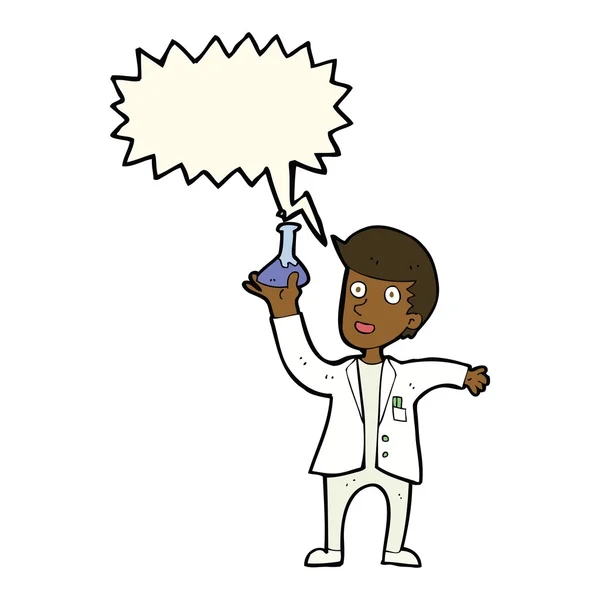 Cartoon happy scientist with speech bubble — Stock Vector