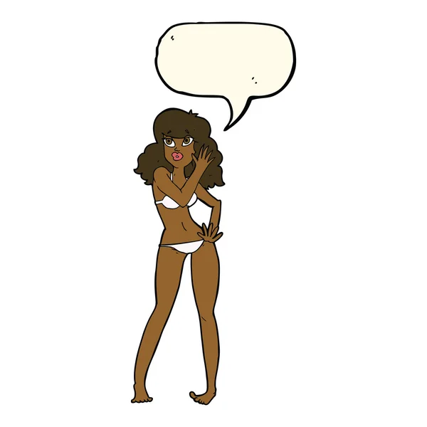Karikatur hübsche Frau im Bikini mit Sprechblase — Stockvektor