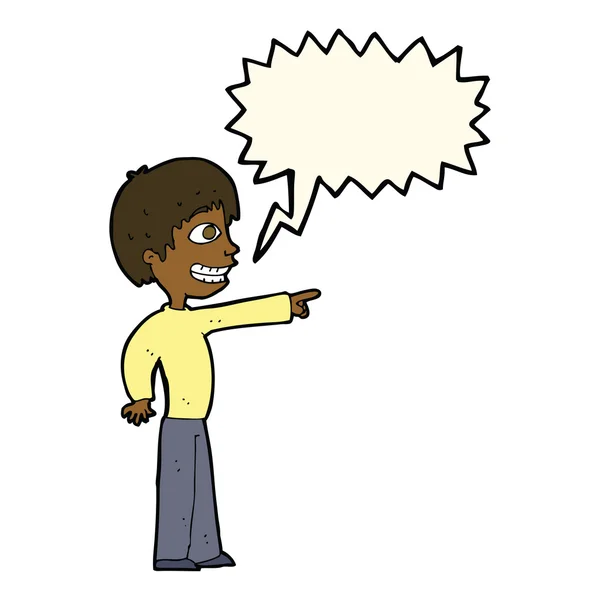 Cartone animato sorridente ragazzo che punta con la bolla discorso — Vettoriale Stock