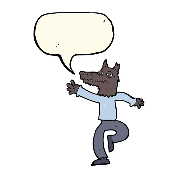 Γελοιογραφία ευτυχισμένος άνθρωπος λύκος με φούσκα ομιλία — Διανυσματικό Αρχείο