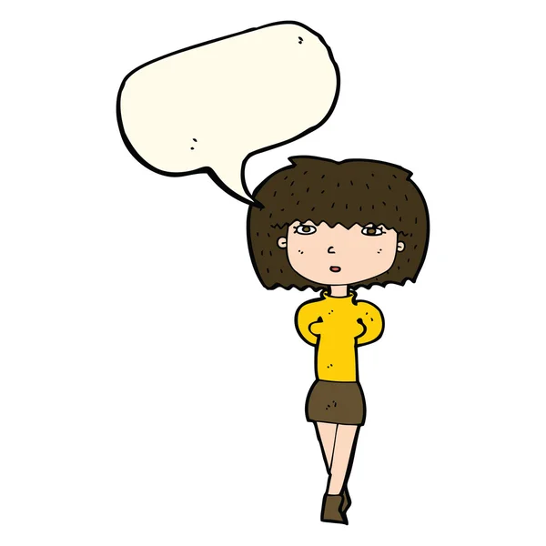 Desenho animado mulher tímida com bolha de fala —  Vetores de Stock