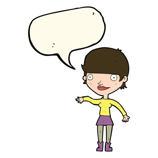 Καρτούν ευτυχισμένη γυναίκα με φούσκα ομιλία — Διανυσματικό Αρχείο