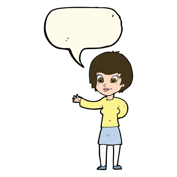 Karikatur begrüßt Frau mit Sprechblase — Stockvektor